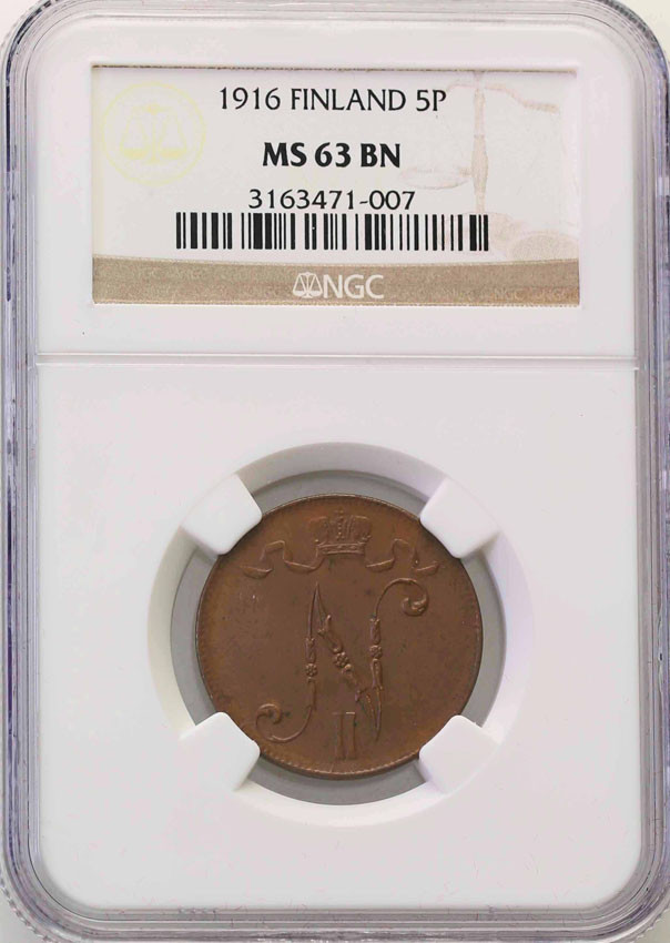 Rosja / Finlandia. Mikołaj II. 5 Penni, 1916 NGC MS 63 BN